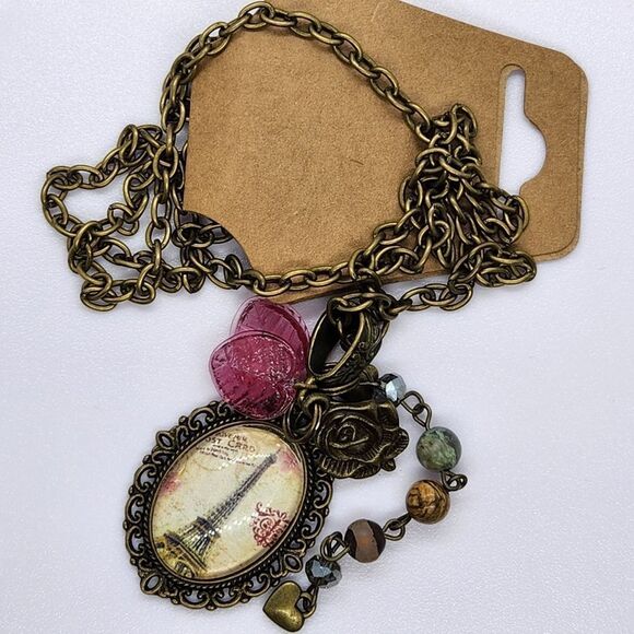 Vintage Jewelry - 🔹️NWT Bronze Chain & Eiffel Tower, Charms, & Bead Pendant Necklace